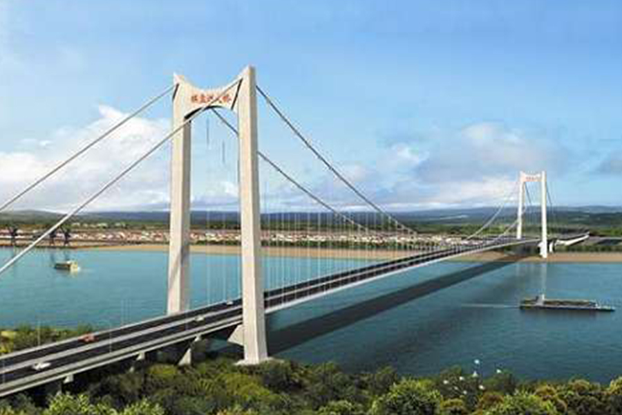湖北棋盤洲長江公路大橋為地錨式懸索橋,主跨1038米。.jpg
